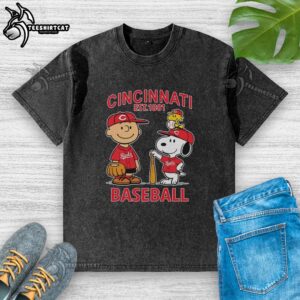 Good Charlie Brown, Snoopy, and Woodstock in Cincinnati Reds baseball jersey est. 1881 on a washed T-shirt.
