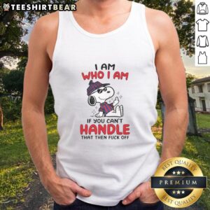 Alt Text: Cute Snoopy I Am Who I Am Middle Finger Tank Top featuring vibrant graphic design and playful character illustration.