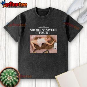Alt Text: Official Short N Sweet Tour Sabrina Carpenter washed t-shirt featuring vibrant graphics and a comfortable fit.