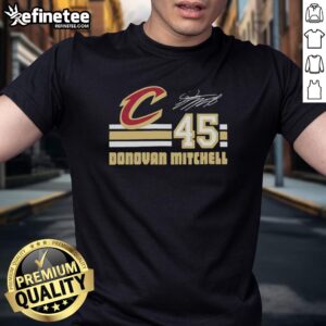 Alt Text: Donovan Mitchell Cleveland Cavaliers T-Shirt featuring signature name and number, perfect for fans and collectors.