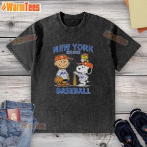 Alt Text: Cute Charlie Brown, Snoopy, and Woodstock wearing a New York Mets baseball jersey on a washed t-shirt, est. 1962.