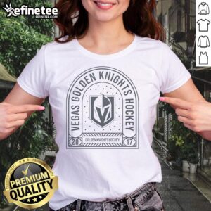Alt Text: Awesome Vegas Golden Knights Hockey 2017 ladies tee featuring stylish archway design for fans.