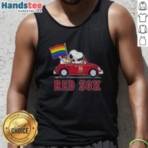 Premium Boston Red Sox X Snoopy and Woodstock driving car with rainbow flag tank top, perfect for baseball fans and pride events.