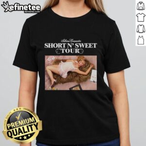 Official Short N Sweet Tour Sabrina Carpenter Ladies Tee showcasing stylish design and vibrant colors for fans.