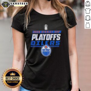 Alt Text: Retro ladies tee featuring Edmonton Oilers logo for NHL Stanley Cup Playoffs 2026, perfect for fans and stylish wear.
