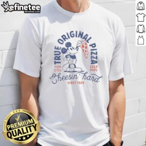 Alt Text: Original Disney Mickey Mouse True Original Pizza Cheesin Hard T-Shirt featuring vibrant graphics of Mickey enjoying pizza.