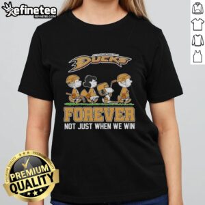 Alt Text: Official Peanuts x Anaheim Ducks Abbey Road tee for ladies, celebrating fandom beyond just winning.