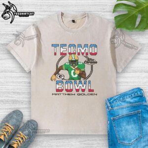Alt Text: Official Tecmo Bowl X Topps Chrome Packers Matthew Golden Washed T-Shirt featuring a vintage football design.