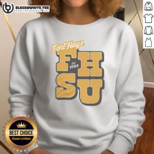 Alt Text: Nice Fort Hays Est 1902 gold sweatshirt featuring a stylish design, perfect for casual wear and alumni pride.