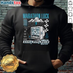 GDQ Marathon hoodie featuring 'No Save Data Found' design for gaming enthusiasts, perfect for fans of speedrunning.
