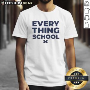 Premium Michigan Wolverines Everything School Logo T-Shirt featuring bold logo on a stylish navy blue fabric.