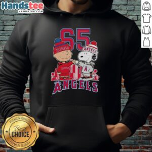 Alt Text: Cute Charlie Brown and Snoopy hoodie celebrating Los Angeles Angels 65th Anniversary with city skyline design.