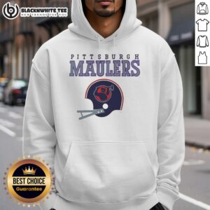 Top Pittsburgh Maulers USFL helmet and wordmark hoodie in vibrant colors, perfect for fans of the USFL team.