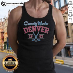 Alt Text: Awesome Comedy Works Denver Pioneers Est 1981 tank top featuring a vibrant design celebrating comedy culture.