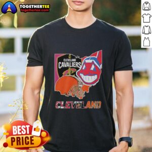 Alt Text: Cleveland Cavaliers football symbol helmet logo on a stylish map T-shirt, perfect for fans and collectors.