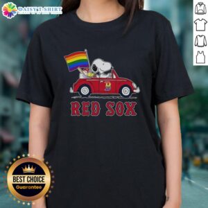 Boston Red Sox X Snoopy and Woodstock driving a car with a rainbow flag on a ladies tee, perfect for fans and pride celebrations.