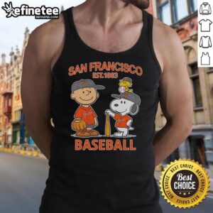 Alt Text: Awesome Charlie Brown, Snoopy, and Woodstock wearing San Francisco Giants baseball jersey tank top, est. 1883.