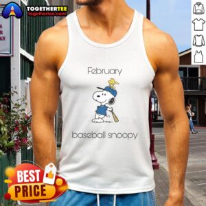 Original February Baseball Snoopy Woodstock tank top featuring colorful graphics of Snoopy and Woodstock in baseball attire.