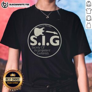 Nice Society of Incompetent Guitarists Ladies Tee featuring a fun design for music lovers and guitar enthusiasts.