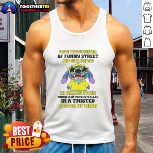 Awesome Stitch tank top featuring 'I Live on the Corner of Funny Street and Silly Road in Crazy Town' design.