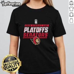 Alt Text: Official Ottawa Senators Stanley Cup Playoffs 2026 ladies tee featuring team logo and stylish design for fans.