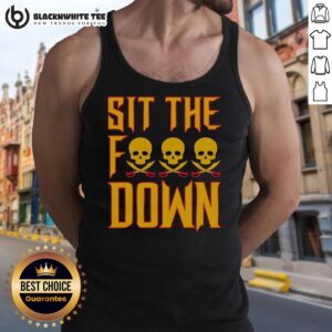 Skull head pirate tank top with 'Sit The Fk Down' text; edgy design for casual wear and pirate-themed outfits.
