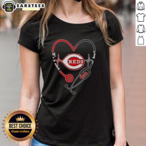 Alt Text: Hot Cincinnati Reds stethoscope heartbeat design on a ladies tee, celebrating passion for baseball and healthcare.