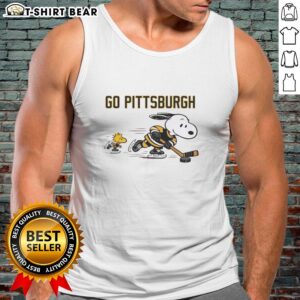 Snoopy and Woodstock cheer for Pittsburgh Penguins in a fun Go Pittsburgh tank top, perfect for game day.