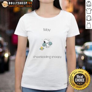 Alt Text: Pretty May Cheerleading Snoopy Ladies Tee featuring a fun Snoopy graphic, perfect for cheer fans and casual wear.
