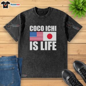 Original Coco Ichi Is Life t-shirt featuring American and Japan flags, stylishly washed design for casual wear.