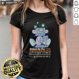 Cartoon character from 'Nice Raised by the Internet' using an old computer, featured on a ladies' tee shirt.