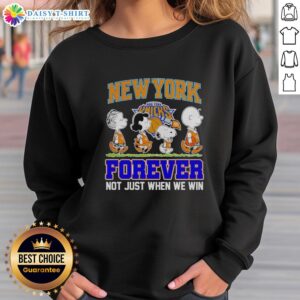 Alt Text: Hot Peanuts characters in MLB New York Knicks sweatshirt, 'Forever Not Just When We Win', perfect for fans.