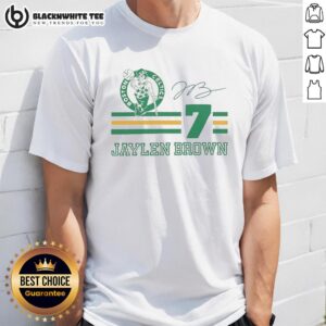 Top Jaylen Brown Boston Celtics signature name and number T-shirt showcasing team pride and player loyalty.