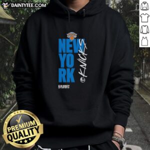 Alt Text: Official New York Knicks playoff basketball logo hoodie featuring vibrant team colors and stylish design.