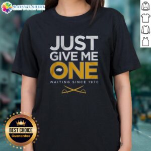 Awesome ladies tee featuring 'Just Give Me One Hockey' design, celebrating hockey fans since 1970.
