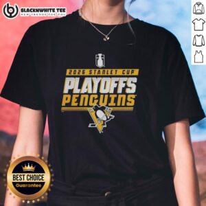 Alt Text: Ladies tee featuring the Pittsburgh Penguins logo for the 2026 Stanley Cup Playoffs, perfect for hockey fans.
