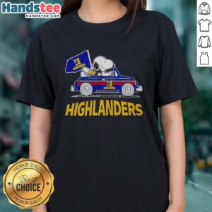 Alt Text: Snoopy and Woodstock cheer while driving a car, promoting the Highlanders Rugby Club ladies' tee.