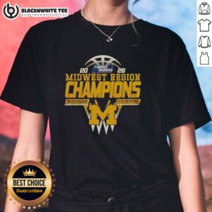 2026 Michigan Wolverines Midwest Region Champions ladies tee featuring team colors and logo, perfect for fans.