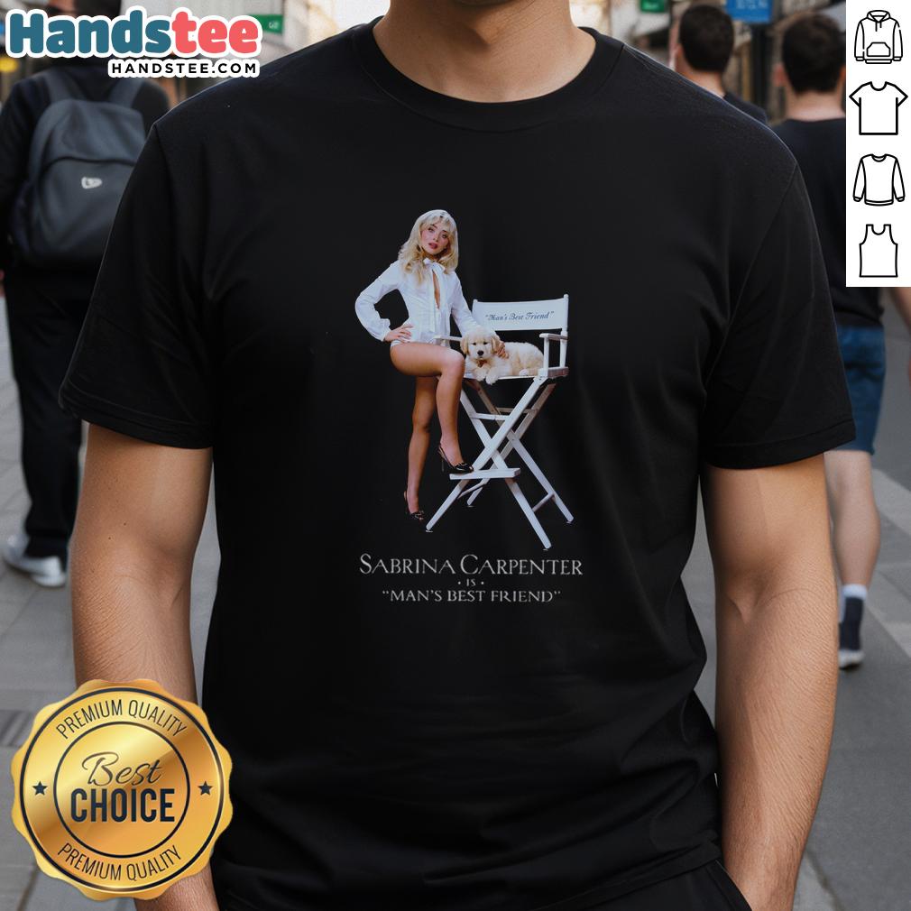 sabrina-carpenter-is-mans-best-friend-t-shirt-1 Alt Text: Sabrina Carpenter wearing a Man's Best Friend T-shirt, showcasing her stylish casual look and love for pets.