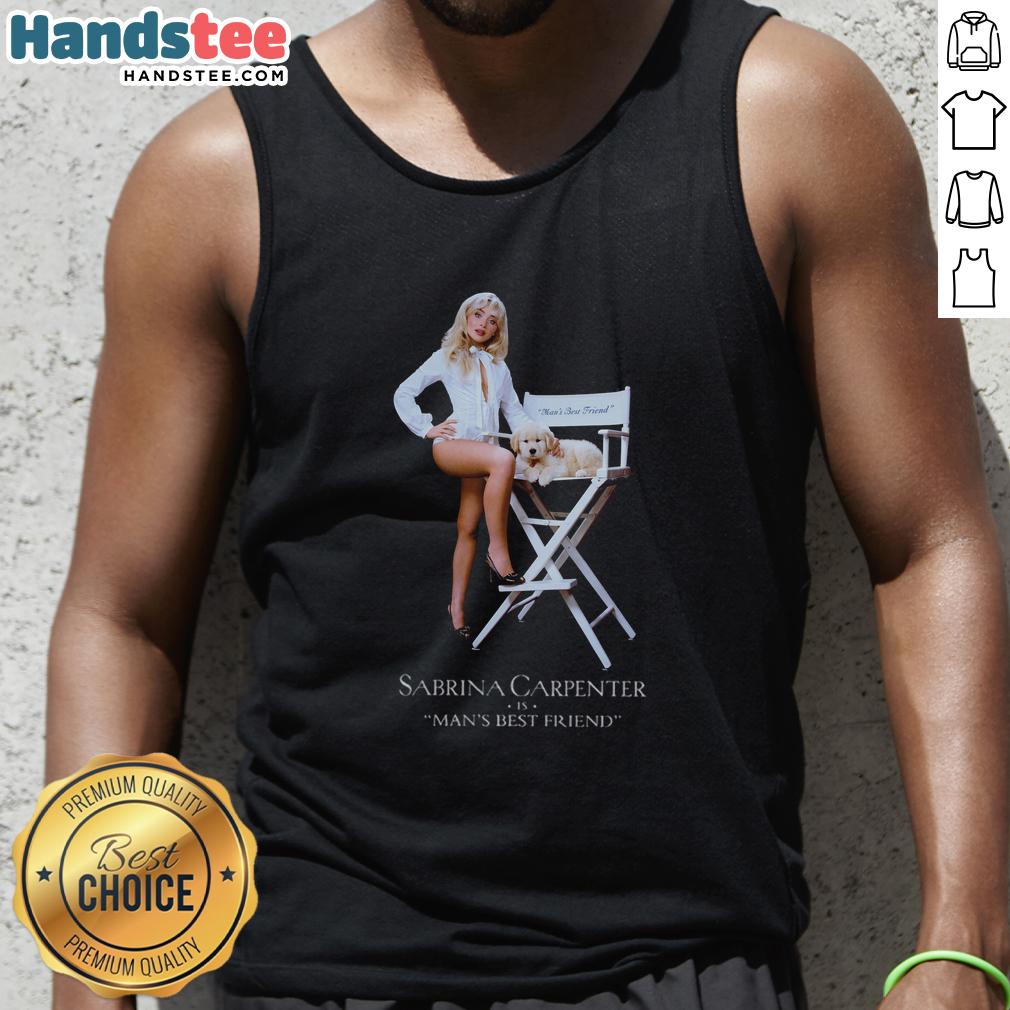 sabrina-carpenter-is-mans-best-friend-tank-top Sabrina Carpenter wearing a 'Mans Best Friend' tank top, showcasing her trendy style and love for pets.
