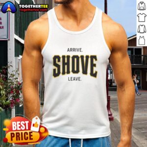 Official Pittsburgh Pirates Baseball 'Arrive, Shove, Leave' tank top featuring team colors and logo, perfect for fans.