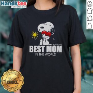 Premium Snoopy hugging a heart on a 'Best Mom in the World' ladies tee, perfect gift for moms who love Snoopy.