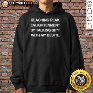 Cozy 'Original Peak Enlightenment' hoodie featuring playful text, perfect for casual wear with friends.