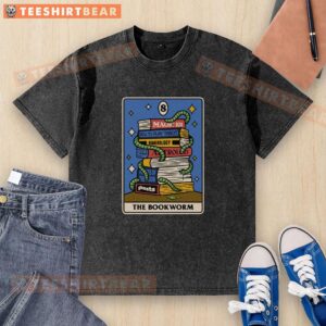 Top The Bookworm Tarot washed t-shirt featuring unique tarot card designs for book lovers and tarot enthusiasts.