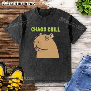 Awesome capybara with red eyes sticking out her tongue on a chaos chill meme washed T-shirt, perfect for animal lovers.