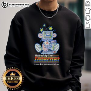 Alt Text: Cartoon character 'Raised By The Internet' wearing a sweatshirt, sitting at an old computer, nostalgic tech vibe.