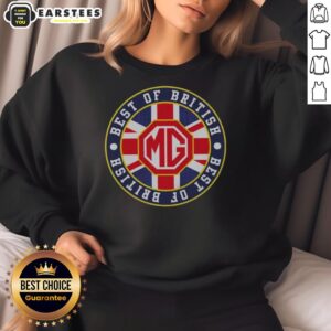 Hot MG car badge logo on a stylish Best of British sweatshirt, perfect for MG enthusiasts and fashion lovers.