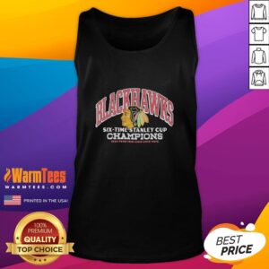 Alt Text: Blackhawks six-time Stanley Cup champions 2015 tank top featuring team logo and vibrant colors, perfect for fans.