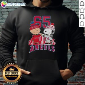 Alt Text: Pretty Charlie Brown and Snoopy hoodie celebrating Los Angeles Angels 65th Anniversary with city skyline design.