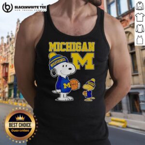 Snoopy and Woodstock in Michigan Wolverines jersey tank top, showcasing team spirit and friendship in playful fashion.